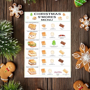 Puede incluir: Un menú de S'mores navideños rodeado de galletas de jengibre festivas y ramas de pino. El menú presenta ilustraciones de variaciones de s'mores como The Gingerbread, The Snowman y The Christmas Tree, con ingredientes como galletas Graham y malvaviscos.