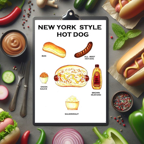 NEW YORK Style Hot DOG, Digital Download, Printable, bar, kitchen art décor, from original drawing