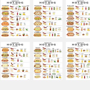 May include: Six illustrated posters detailing American hot dog styles. Each poster displays different hot dog varieties, including "Chicago," "New York City," and "Plain Jane," alongside their respective ingredients and condiments.