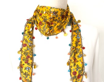 Yellow Beaded Scarf Necklace with Red Flowers Printed - Handmade Crocheted Beaded Scarf, Yellow scarf bandana, Turkish crochet, Oya necklace