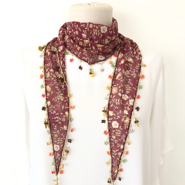 Cinnamon Beaded Scarf Necklace with Flowers Printed - Handmade Crocheted Beaded Scarf -Cinnamon scarf bandana, Turkish crochet, Oya necklace