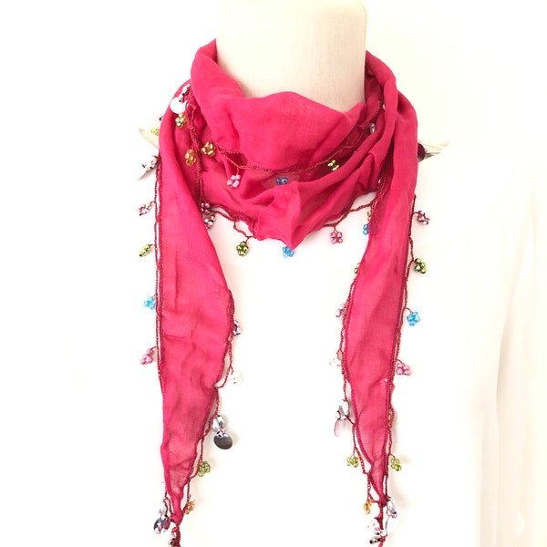 Fuchsia Beaded Scarf Necklace  - Handmade Crocheted Beaded Scarf - Fuchsia scarf bandana