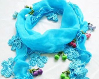 Crocheted  Aqua blue scarf with handmade multi color oya cherry flowers - Aqua blue scarf - Oya scarf, Turkish lace, Oya necklace