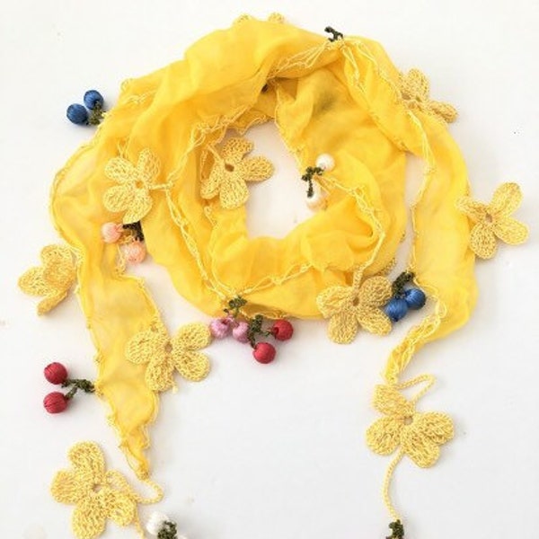 Crocheted Yellow scarf with handmade multi color oya cherry flowers -  yellow Scarf  - Oya scarf, Turkish lace, Oya necklace