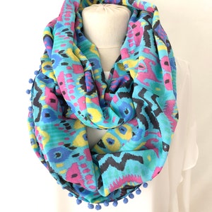 INFINITY AZTEC Scarf - Light blue Aztec Tribal Infinity Scarf - pompom trim edged