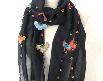 Crocheted black scarf with handmade multi color oya flowers - Black Scarf - Beaded Scarf - Crochet Beaded Scarf, Oya necklace, Turkish lace
