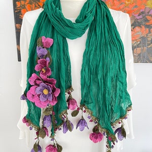 Gorgeous scarf embellished with 3D Oya flowers - Turkish handicrafts , Green scarf, Turkish lace, Oya necklace, Turkish oya,