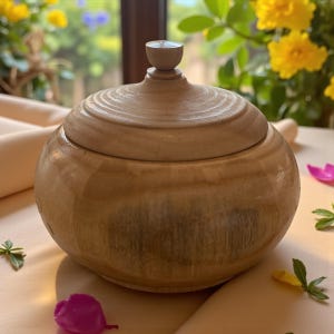以下が含まれることがあります： 明るい茶色の仕上げの、蓋付きの丸い木製ボウル。 蓋には小さく丸みを帯びたノブと、同心円状の溝があります。 ボウルは明るい色の表面に置かれ、背景には花と緑があります。