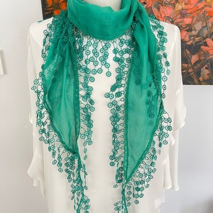 Teal lace scarf with lace fringe edged - Bandana scarf