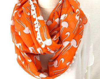 INFINITY  Flamingo Scarf - Orange Infinity Scarf -  pompom trim edged