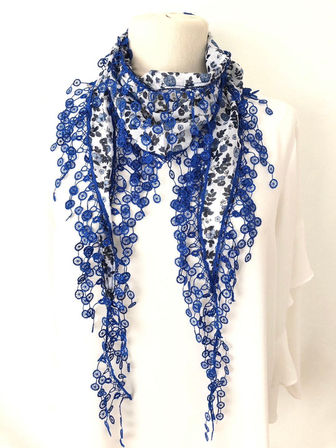 White Lace Scarf With Blue Lace Fringe Edged Bandana Scarf Etsy
