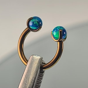 16g Titanium Horseshoe Internal Thread w/3mm Faux Marine Blue Opal Ends Septum in Anodized Bronze Finish in Photo *Choose Diameter & Finish*