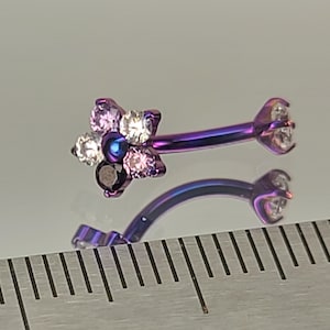 16g Titanium 5 Gem Flower + Clear CZ 3mm Gem Curved Barbell Internal Thread for Rook Eyebrow Vertical Labret *Choose Finish & Length*