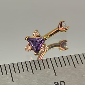 16g Titanium 5 Purple Gem Triangle + Champagne CZ Gems Curved Barbell Internal Thread Rook Eyebrow Vertical Labret *Choose Finish & Length*