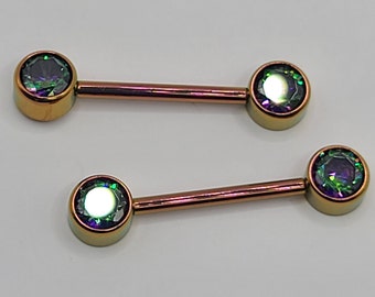 14g (1.6mm) Titanium Internally Threaded Barbell Pair w/Forward Facing Gems (5/8" length) Mystic Topaz CZ Gems Anodized Rosy Gold Finish