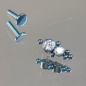 16g (1.2mm) Double Clear Gem CZ Top Labret Threaded Gem Titanium 1/4"(6mm) Post Anodized Ice Blue Finish