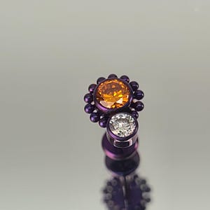 16g Orange and Clear Gem + Bead Stud Internal Thread Flatback Titanium Stud Anodized Blurple in Photo *Choose Anodized Finish and Length*