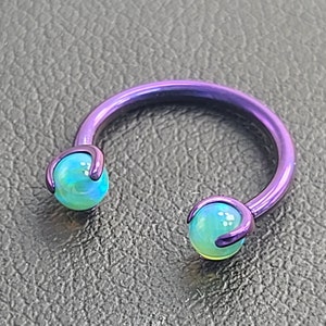 16g Titanium Septum Ring Horseshoe Circular Barbell 4mm Teal Faux Opal Claw Set Iridescent Blurple (in photo)