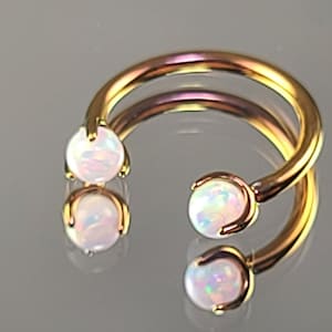 16g Titanium Horseshoe Septum Ring Circular Barbell w/3mm White Opal Claw Gems Anodized Rose Gold Finish in Photo *Choose Finish & Diameter*