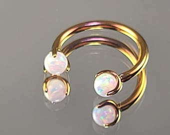 16g Titanium Horseshoe Septum Ring Circular Barbell w/4mm White Opal Claw Gems Anodized Rose Gold Finish in Photo *Choose Finish & Diameter*