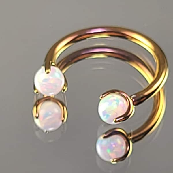 16g Titanium Horseshoe Septum Ring Circular Barbell w/4mm White Opal Claw Gems Anodized Rose Gold Finish in Photo *Choose Finish & Diameter*