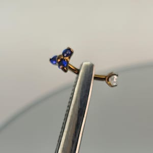 16g Titanium Curved Barbell w/Dark Blue CZ Trinity End + 3mm Clear CZ Gem Vertical Labret Bronze Finish in Photo *Choose Length & Finish*