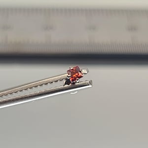 May include: A small, star-shaped, red gemstone held by a silver-colored tweezer. The gemstone has a faceted surface, reflecting light. The tweezers are positioned against a blurred background, suggesting a close-up shot of a jewelry component.