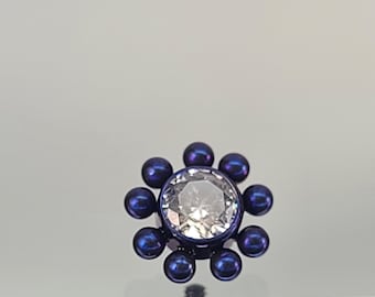 14g Titanium Dermal Top 5mm Clear Cubic Zirconia CZ Gem with Beads Anodized Dark Blurple in Photo *Choose Anodized Finish Color*
