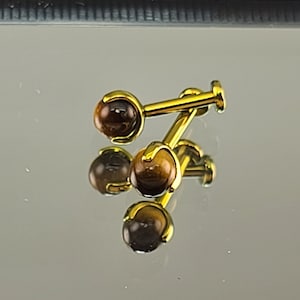 18g (1.2mm) Titanium Tiger Eye Earrings **ONE PAIR** with Flatback Posts Anodized Yellow Gold Finish Threadless *Choose Length*
