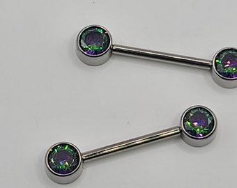 14g (1.6mm) Titanium Internally Threaded Barbell Pair w/Forward Facing Gems (5/8" length) Mystic Topaz CZ Gems High Polish Silver Finish