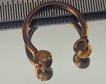 14g Titanium Horseshoe Internal Thread w/4mm Tiger Eye Ends Septum in Anodized Bronze Finish in Photo *Choose Diameter & Finish*