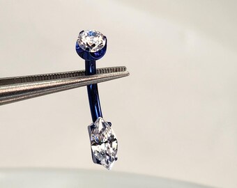14g 10mm Titanium Navel Belly Ring w/Clear CZ Gem Teardrop Pear Gem Length Petite Smaller Size Navel *Anodized Deep Blue Finish in Photos