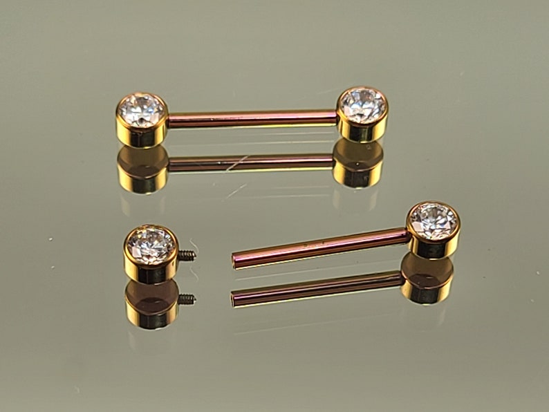 14g 1.6mm Titanium Internally Threaded Barbell Pair w/Forward Facing Gems 5/8 length Anodized Rose Gold Finish Bild 8