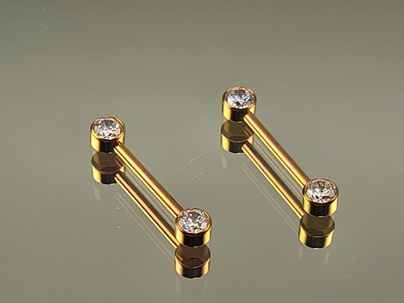 14g 1.6mm Titanium Internally Threaded Barbell Pair w/Forward Facing Gems 5/8 length Anodized Rose Gold Finish Bild 3