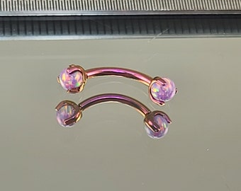16g (1.2mm) Titanium Curved Barbell w/3mm Purple Opal Claw Setting Rose Gold Fuschia Ombre Anodized Finish Eyebrow, Rook