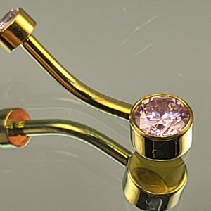 14g (1.6mm) Titanium Yellow Gold Pink Gem Navel Belly Ring Internal Thread 4mm/6mm Bezel Gems Anodized Yellow Gold 7/16&quot; (11mm) Length