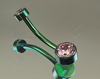 14g (1.6mm) Titanium Green Anodized Finish Pink Gem Navel Belly Ring Internal Thread 4mm/6mm Bezel-Set Gems 7/16" (11mm) Length