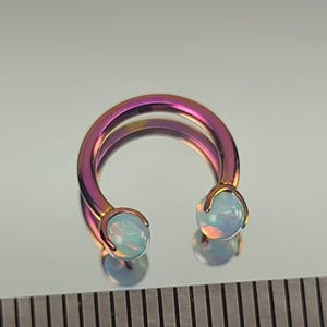 16g Titanium Horseshoe Septum Ring Circular Barbell w/3mm Moon Yellow Green Opal Claw End Fuchsia Finish in Photo *Choose Finish & Diameter*