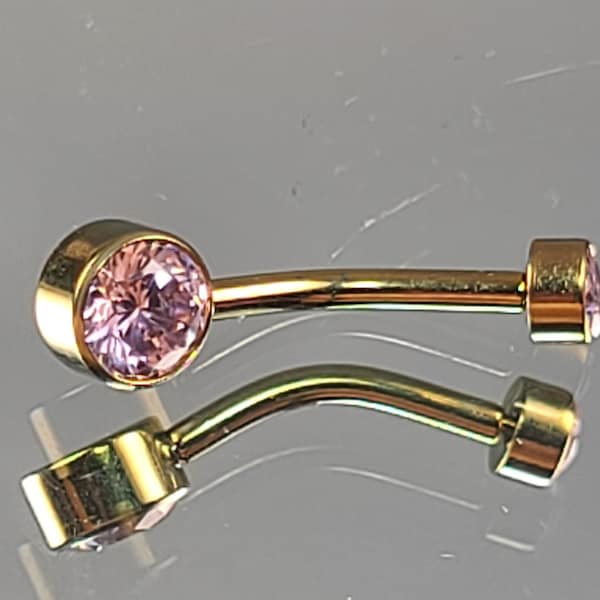 14g  (1.6mm) Titanium Pink Gem Navel Belly Ring Internal Thread 4mm/6mm Bezel-Set Gems Anodized Yellow Gold Finish 7/16" (11mm) Length