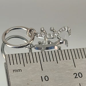 Titanium Hinge Hoop with Clear CZ Gem Gecko Dangle Charm *Choose Gauge/Diameter and Anodized Finish Hoop Color*