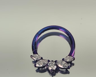 16g Titanium Round + Marquis Clear CZ Gems Septum Clicker Ring 3/8" (10mm) Diameter Dark Blurple Finish in Photo *Choose Finish Color*