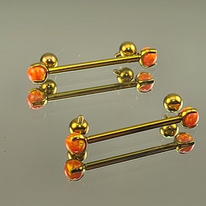 14g 1.6mm Orange Opal Claw End Barbell Titanium Internally Threaded Barbell Pair Anodized Yellow Gold Finish w/4x4mm Balls image 5