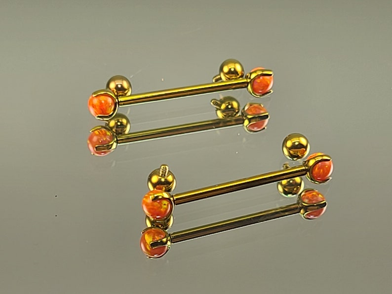 14g 1.6mm Orange Opal Claw End Barbell Titanium Internally Threaded Barbell Pair Anodized Yellow Gold Finish w/4x4mm Balls image 5