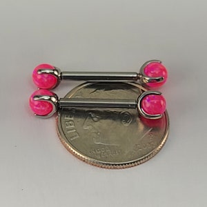 14g Neon Pink Opal Claw End Barbell Titanium Internally Threaded Barbell Pair High Polish Silver Finish in Photo Choose Length & Finish image 5