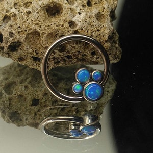 May include: A silver hoop with a cluster of five blue opal gemstones. The hoop is a body piercing jewelry piece.