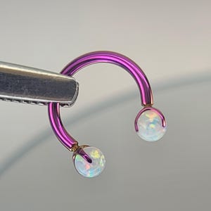 16g Titanium Horseshoe Septum Ring Circular Barbell w/3mm White Opal Claw Gems Anodized Fuchsia Finish in Photo *Choose Finish & Diameter*