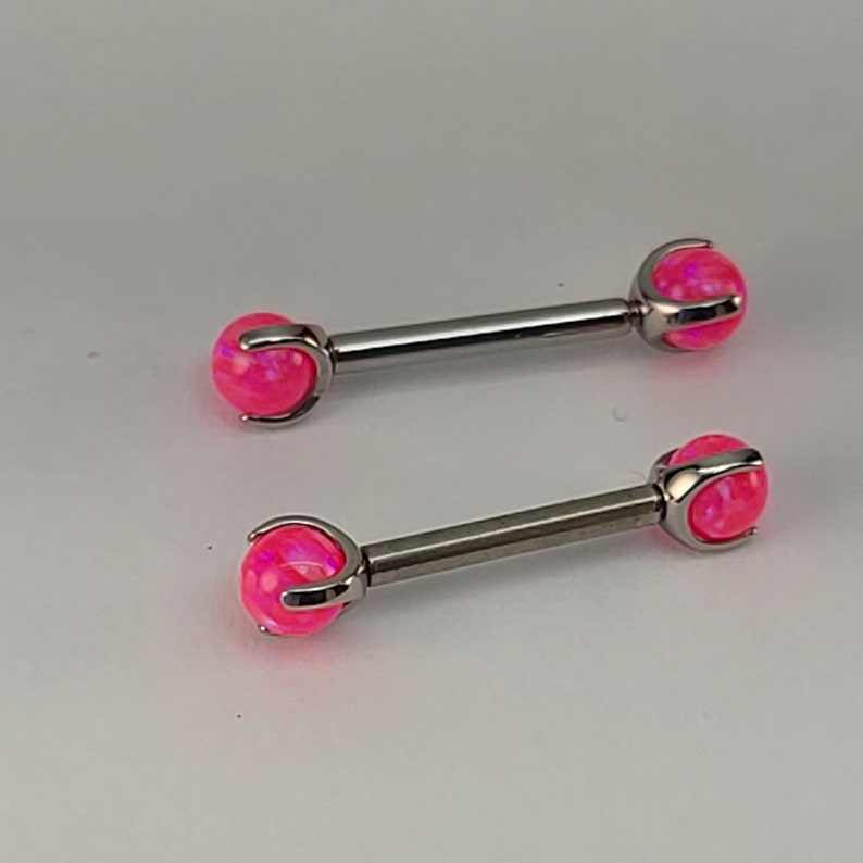 14g Neon Pink Opal Claw End Barbell Titanium Internally Threaded Barbell Pair High Polish Silver Finish in Photo Choose Length & Finish image 10