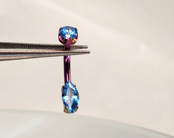 14g 10mm Titanium Navel Belly Ring w/Aqua CZ Gem Teardrop Pear Gem Length Petite Smaller Size Navel *Anodized Fuchsia Finish in Photos