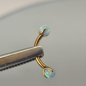 16g Titanium Curved Barbell w/3mm Faux Moon Yellow Opal Claw Setting Anodized Rose Gold Finish in Photo *Choose Finish & Diameter*
