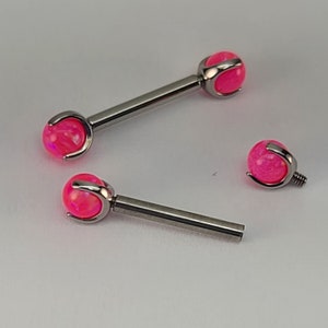 14g Neon Pink Opal Claw End Barbell Titanium Internally Threaded Barbell Pair High Polish Silver Finish in Photo Choose Length & Finish image 6